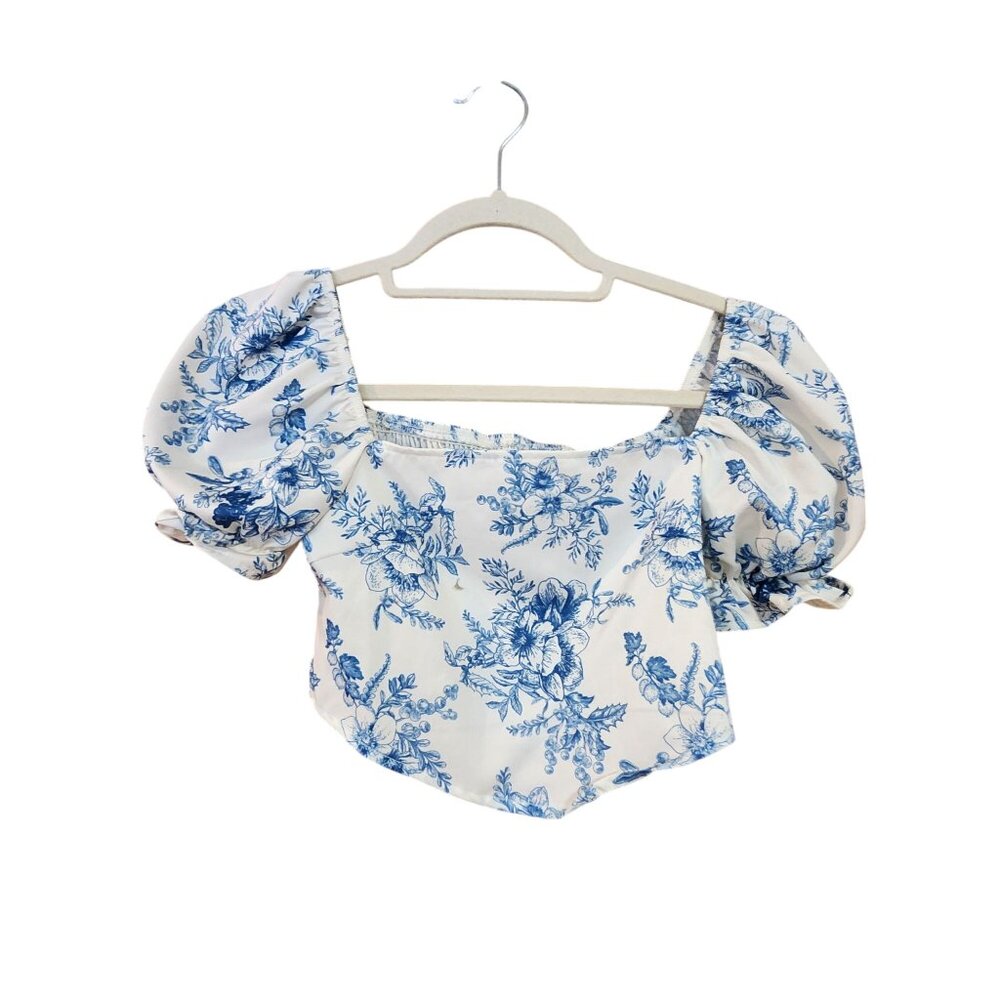 Shein Teen Girls Floral Puff Sleeve Smocked Crop Top Blue & White Size 8-9Y